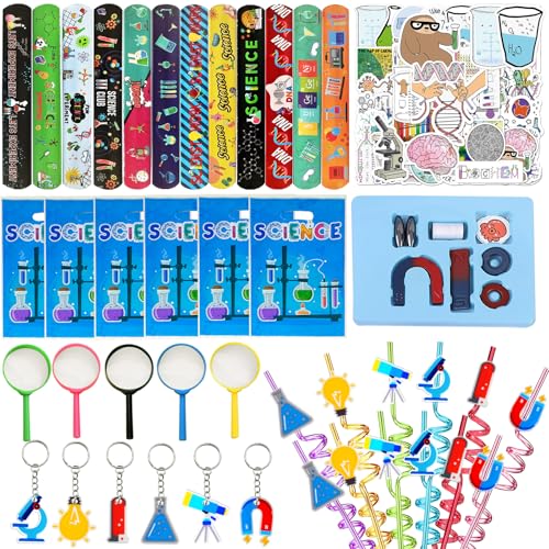 111PCS Science Party Favors, Lab Birthday Decorations and Goodie Bag Toys | 111PCS science party favors with magnifiers, gift bags, stickers, straws, bracelets, keychains and a magnet set. - style: Science