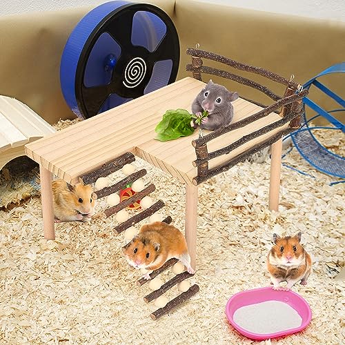 Estink Small Animal Wooden Climbing Platform Set with Ladder and Fence | Natural Log Hideout, 11.8 Inch Wide Platform, Climbable Ramp for Dwarf Hamster Gerbil Mouse, Rustic Cage Decor Playgroun