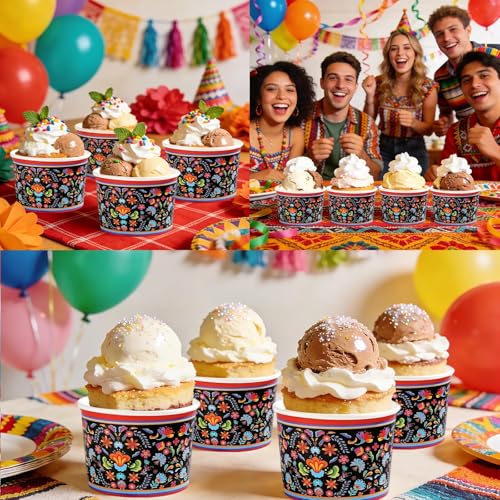 120Pcs 12oz Mexican Ice Cream Cups for Hot or Cold Food | Mexican Floral Treat Snack Cups Fiesta Cinco De Mayo Large Dessert Bowl for Food Yogurt Soup Sundae Mexico Birthday Supplies - style: Mexico Black Cups