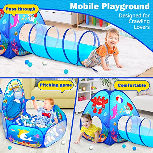 GeerWest 3PC Kids Ball Pits for Toddlers with Kids Play Tent, Tunnel for Baby, Children Pop Up Indoor/Outdoor Playhouse Toy for Boys and Girls, Best Birthday Gifts for 3 4 5 Years Old - style: 3pc Ocean Ball Pit