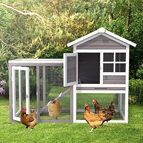 PETSITE Rabbit Hutch, 48.5" Wooden Chicken Coop with Roof & Tray, Bunny Cage Indoor Outdoor, Guinea Pig Pet House for Small Animals, Grey