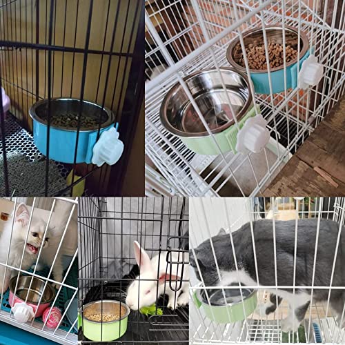 kathson Crate Dog Bowl, Removable Stainless Steel Hanging Pet Cage Bowl Food & Water Feeder Coop Cup for Cat, Puppy, Birds, Rats, Guinea Pigs 4pcs(2×Blue,1×Pink,1×Green) - color: 2×Blue, 1×Pink, 1×Green, size: 4 PCS