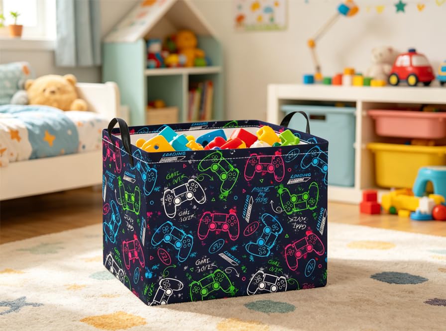 Rectangular Baby Kids Storage Basket for Home Kitchen Girls Cute Toy Storage Bin Organizer Shelf Book Room Decor(Blue Game) - color: Blue Game