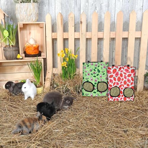 ABTOLS 2PCS Rabbit Hay Feeder Bags, Hanging 2 Hole Hay Feeder for Guinea Pigs Chinchillas Hamsters Red Green Strawberry Avocado Bunny Small Animal Pet Cartoon Hay Bag - color: green