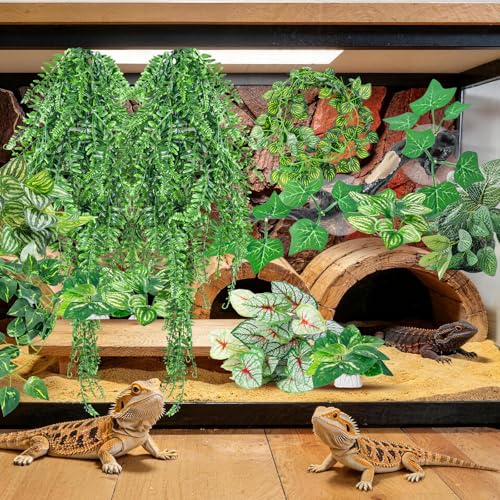 CousDUoBe 12 PCS Reptile Plants Set, Reptile Corner Branch Bearded Dragon Tank Accessories Leopard Gecko Tank Accessories，Terrarium Decorations with Suction Cup