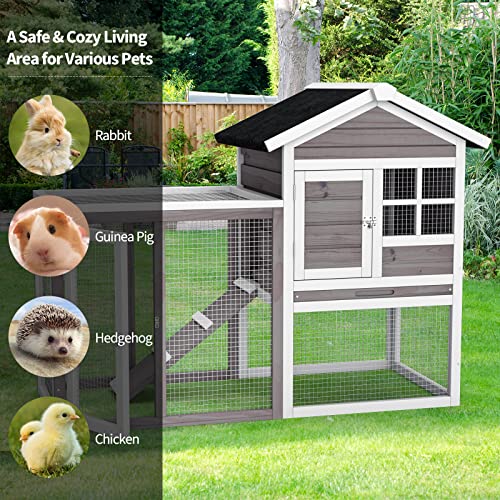 PETSITE Rabbit Hutch, 48.5" Wooden Chicken Coop with Roof & Tray, Bunny Cage Indoor Outdoor, Guinea Pig Pet House for Small Animals, Grey
