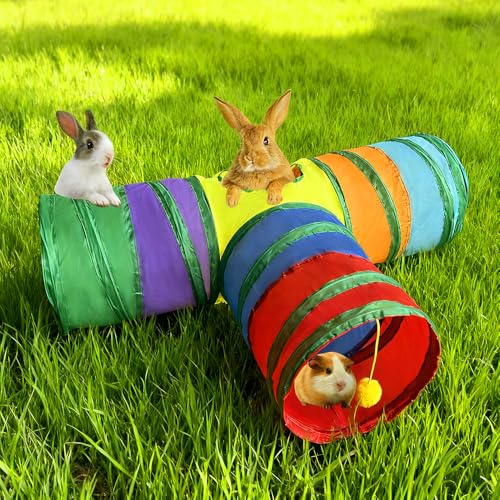 Rabbit Tunnels & Tubes Collapsible Toy 3 Way Rainbow | Play Tunnel Tube Toy with Hanging Ball for Kitten, Puppy, Bunny, Ferret, Interactive Toys for Fun Playtime & Exercise - color: Rainbow