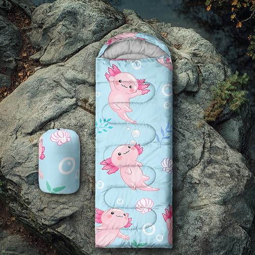 QOOMO Axolotl Cute Camping Sleeping Bags,3 Season Warm & Cool Weather,Lightweight,Waterproof Sleeping Bags for Adults & Kids,Traveling,and Outdoors - color: Ocean Axolotl