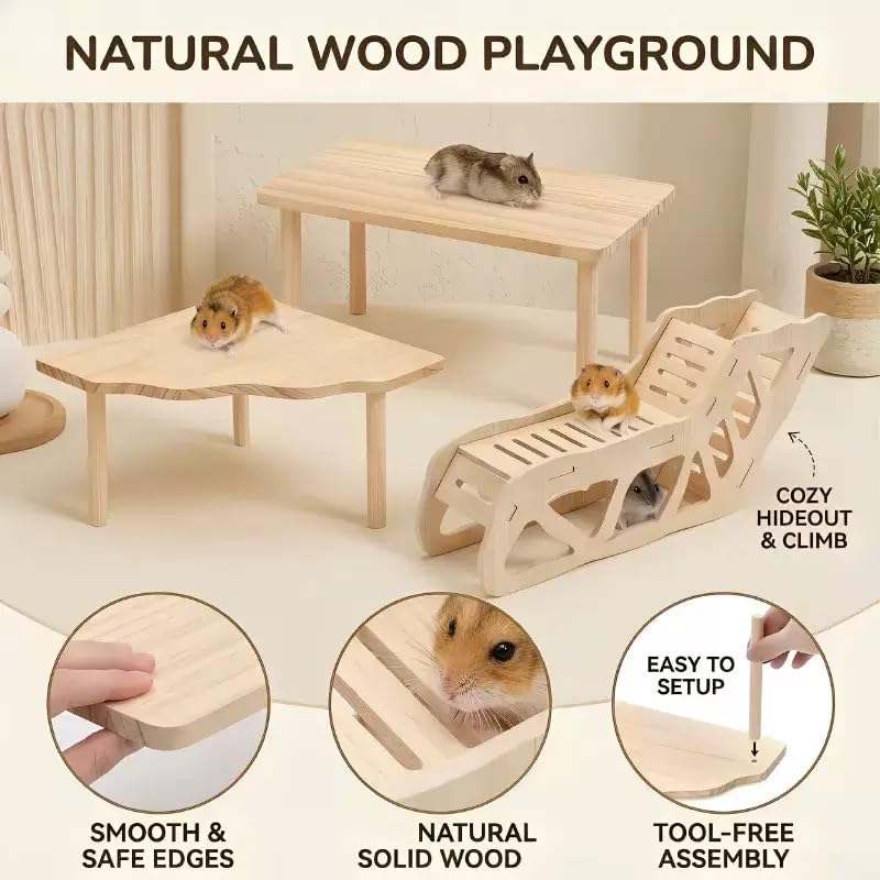 4PCS Wooden Hamster Platform Set, Tunnel Ladder Playhouse Hamster Game Climbing Toy with Ladder Platform Table Climbing Ramp, Cage Decor for Syrian Dwarf Hamsters, Gerbils, Mice