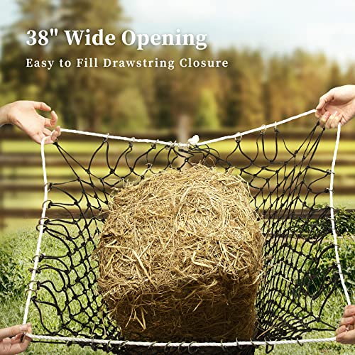Bloomoak Slow Hay Net Feeder for Horses, Durable Soft Black PE 2/3 String Hay Bales Bags, Fit 36x18x18 to 47x25x17 Inches, Extends 50-64 Inches (3 1.6" Hole/1PC) - color: 3 String-1.6" Hole-Ultra Slow Feed/1PC