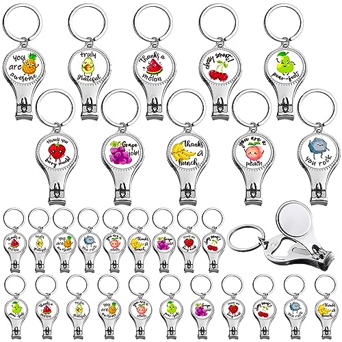 Roshtia 30 Pcs Fruit Nail Clipper Bottle Opener Inspirational Keychains Cute Stainless Steel Nail Cutter with Motivational Quotes Appreciation Travel Manicure Kit Thank You Gifts for Men Women