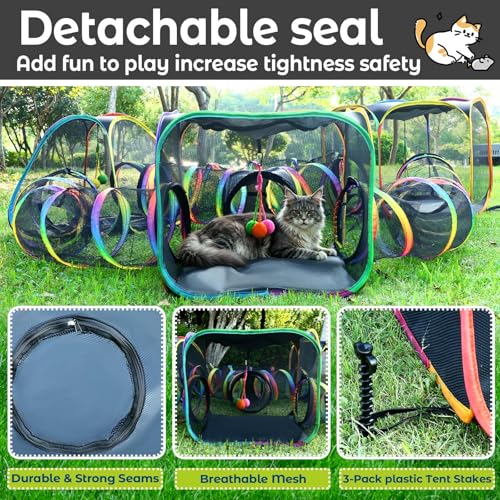 CypherX Outdoor Cat Enclosure, Portable Cat Tent with Tunnel Popup Catio | 7-in-1 modular design: 3 tents, 18" wide tunnels, scratch balls & storage bag. Durable setup for large cats & small pets. - size: 7 in 1 Kingdom(18"W)