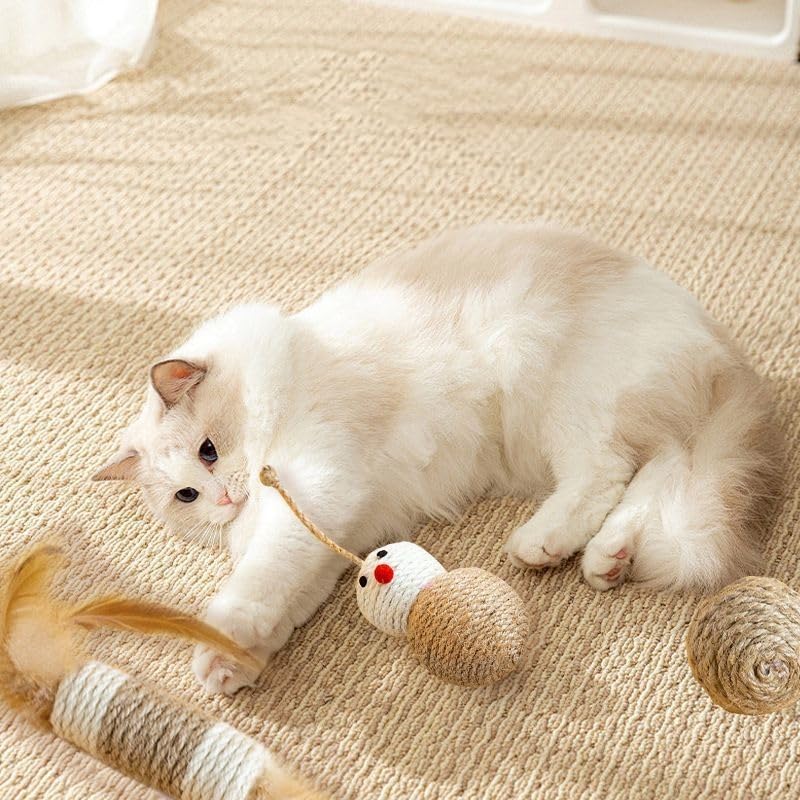 3 Pack Cat Mice Toys with Feather Tail Rattling Noise Sound Natural Sisal Cat Balls Toys Teeth Cleaning Dental Chew Toys Interactive Cat Mice Toy Mice Cat Toys for Indoor Cats