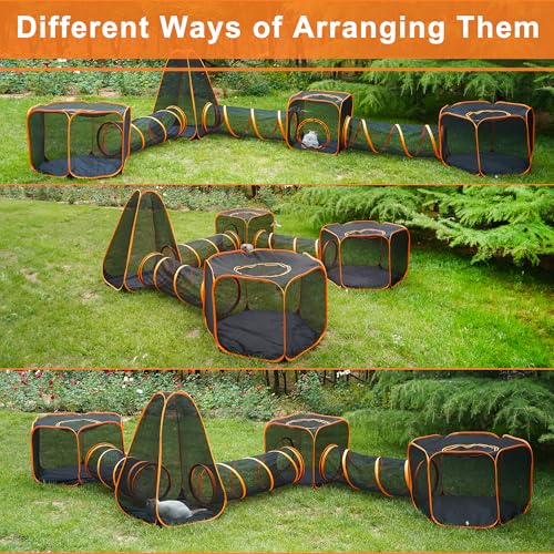 7 in 1 Outdoor Cat Enclosure, Foldable Pop-Up Mesh Playpen Tunnel for Pet Run, Foldable Outside Enclosed Tent Cage for Small Dogs, Rabbit and Other Animals - color: Orange