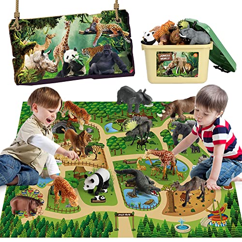 Mini Tudou Safari Animals Figures & 57x38.6'' Play Mat for Kids Toddler 3-5 | Zoo Animal Toys, Realistic Wild Animal Figurines, Plastic Jungle African Animals Playset with Storage Bin, Gift for Boy Girl