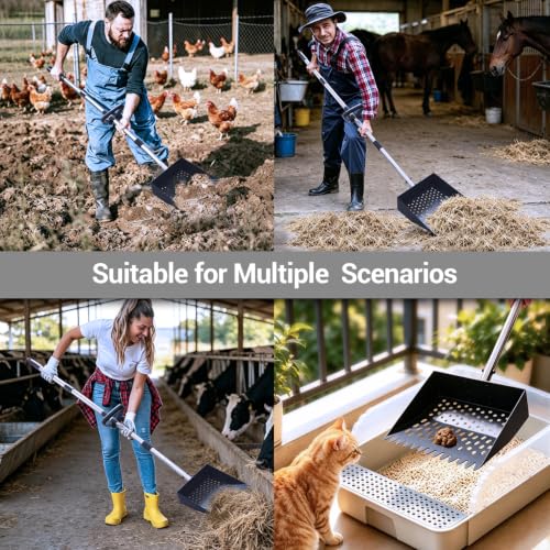 Chicken Poop Scooper, 10.2" Metal Steel Sifting Shovel with Ergonomic Grip, 37-62in Extendable Stainless Steel Handle, Professional Poultry Litter Cleaner for Chicken Coop, Duck, Goat & Sand