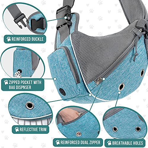PetAmi Dog Sling Carrier for Small Dogs, Puppy Carrier Purse, Hands Free Cat Sling for Small & Medium Pet, Adjustable Crossbody Travel Bag, Reflective Trim, Poop Bag Dispenser, Max 5 lbs, Teal Blue - color: Teal Blue, size: 16.0"L x 4.5"W x 11.0"H