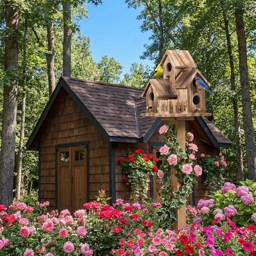 Bird House for Outside, Outdoor 3 Hole Bird House Room Bluebird Finch Wooden Hanging Birdhouse Handmade Wooden Hummingbird-House for Garden,Courtyard, Backyard Bluebirds, Finches, Cardinals