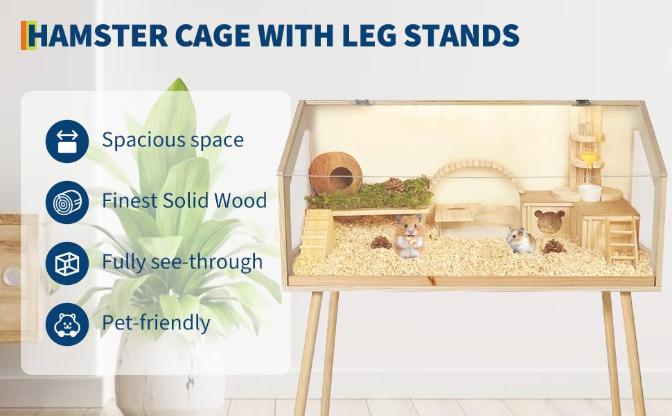 Spacious Wooden Hamster Cage with Legs, Chew-Proof Acrylic Window & Openable Top – Easy Access, Ventilated Habitat for Hamsters, Guinea Pigs, Chinchillas, Gerbils – Large Size 101.6×50.8×120. - size: 40" L x 20" W x 47.5" H