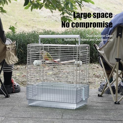 Stainless Steel Travel Bird Cage, 304 Portable Foldable Carrier for Parrots, Conures, Cockatiels, Parakeets – 17 Inch Large Birdcage with Aluminum Handle & Perch(Blue, Large Birdcage) - color: blue