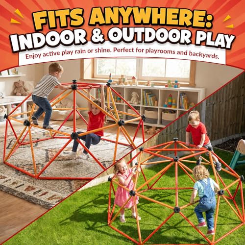 6FT Climbing Dome for Kids, Jungle Gym for Indoor and Outdoor, Geometric Dome Climber Supporting 440 Lbs Anti-Rust Metal Play Structure, Kids Gift Toys, ASTM Approved, Red & Orange - color: Orange & Red