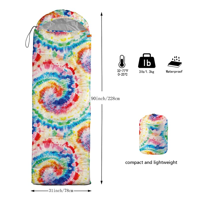 QOOMO Camping Sleeping Bags,3 Season Warm & Cool Weather,Lightweight,Waterproof Sleeping Bags for Adults & Kids,Traveling,and Outdoors,Camping Gear Equipment - color: Tie Dye Rainbow 8