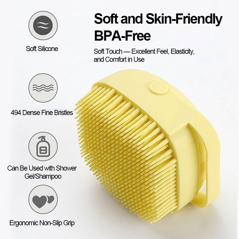 Pet Grooming Bath Massage Brush with Built-in Shampoo Dispenser & Hanging Rope, Soft Bristles for Long Short Haired Dogs Cats Shower Gentle Cleaning and Massage, Yellow