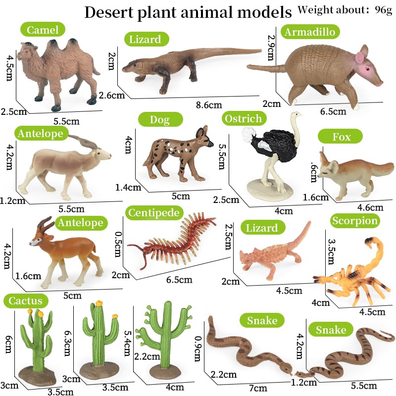 16pcs Desert Animal Figures Playset with Cactus & Model Trees | Diorama Project with Fennec Fox Camel Rattlesnake Scorpion Lizard,Reptile Toys for Diorama Supplies Cake Toppers Party Decor
