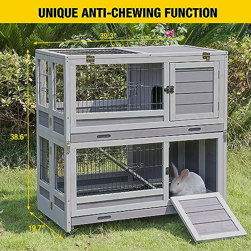 Aivituvin Large Rabbit Hutch Indoor and Outdoor Folding Bunny Cage on Wheels Guinea Pig Cage with Deep No Leak Pull Out Tray,Upgrade Version (Light Gray)