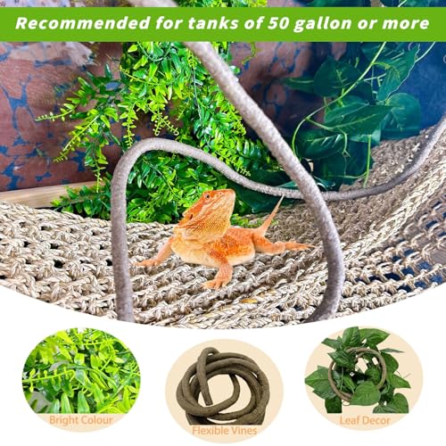 Tfwadmx 2 Pack Large Bearded Dragon Hammock,30"x7"Lizard Climbing Lounger,Natural Seagrass Reptile Hammocks Tank Accessories with Flexible Vines Jungle Leaves Decor for Geckos Snakes Chameleon