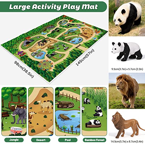 FRUSE Safari Animals Figures Toys with 57”x38.5” Play Mat for Toddlers 3-5 | 12 PCS Jungle Wild Zoo Animals Figurines, Storage Box, Tiger, Lion, Elephant, Toddler Learning Toys, Gifts for Kids 3 4 5 6 7