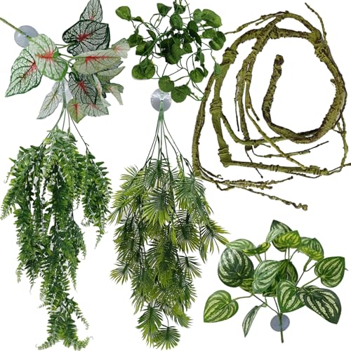 Reptile Plant for Bearded Dragon Tank Accessories, Terrarium Plant Artificial Decor for Snake Cage, Fake Plant for Leopard Gecko Habitat, Lizard Chameleon Ball Pythons (Group E) - color: Group E