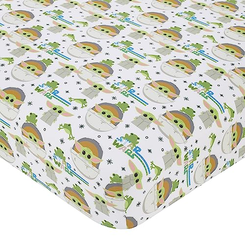 NoJo Star Wars The Mandalorian Grogu White, Green, and Blue Nursery Fitted Crib Sheet - color: White, Green, Blue, size: Crib