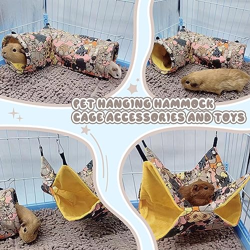 Guinea Pig Rat Tunnel Ferret Hammock, Small Animal Corner Tunnel & Tubes & Bed for Hedgehog Piggy Chinchilla Hideout Toys and Cage Accessories (3.Hammock&Tunnel, Pink cat) - color: 4.Hammock&Tunnel-Pink cat