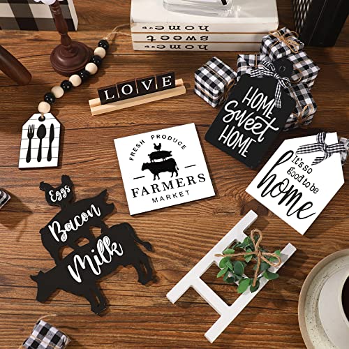 FairySandy Set of 11 Home Tiered Tray Decor Spring Welcome Rustic Farmhouse Tiered Tray Decorations Set Home Wooden Signs Vintage Farm Animal Farmhouse Tabletop Wood Sign for Kitchen Table Shelf Decor - style: Rustic