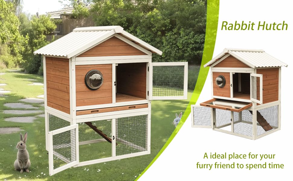 2-Tier Wooden Rabbit Hutch, Outdoor Bunny Cage with Pull-Out Tray, Ramp, Waterproof Roof, Large Space Pet House for Rabbit Guinea Pig Chicken, Indoor Outdoor Small Animal Habitat（96484）