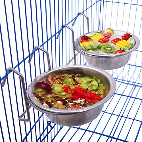 QBLEEV Stainless Steel Birdcage Feeder Bowls for Hamster Cage, 150ml, 5 oz | Stainless steel birdcage bowls feeding perches play stand with clamp, parrot pet animal hamster cage, easy to install - color: 2 Pack