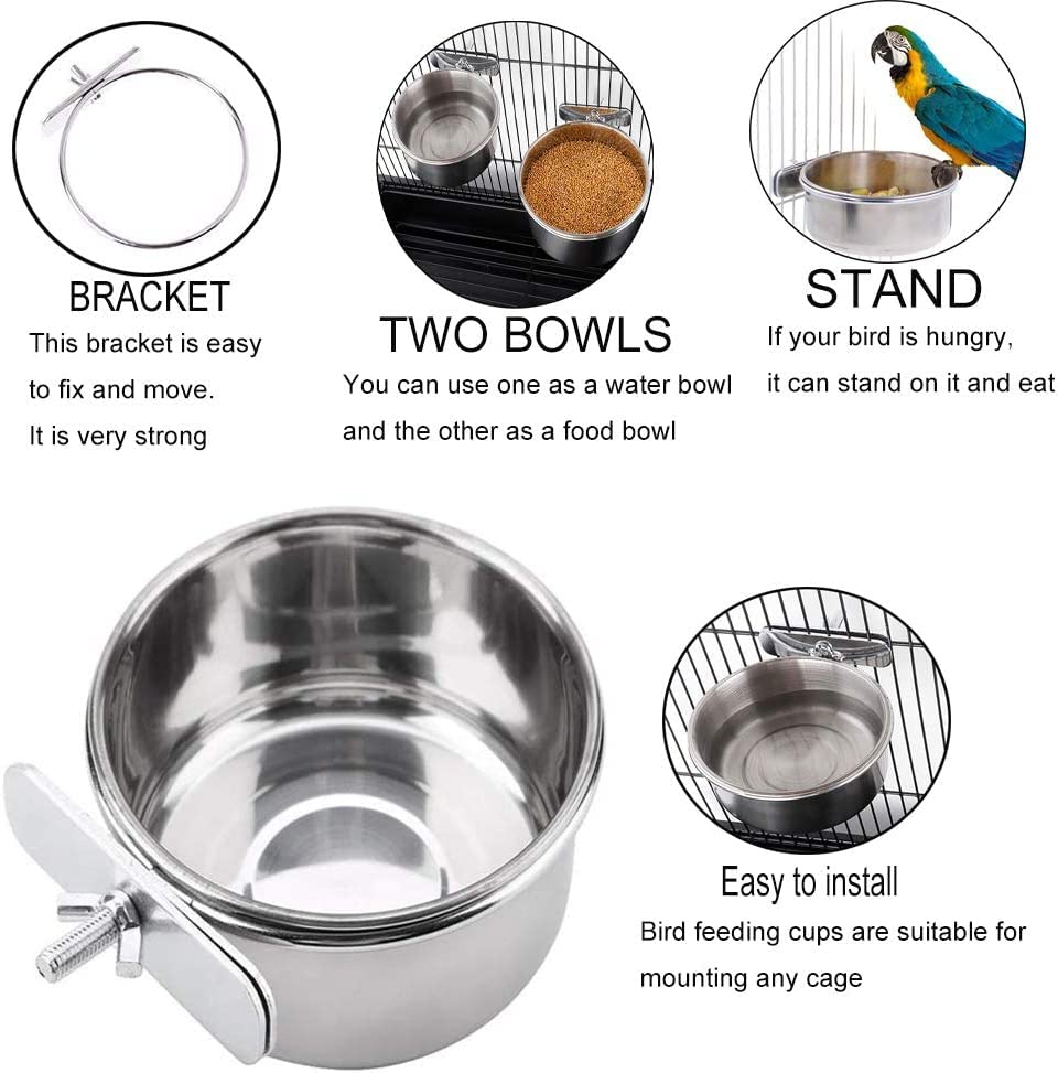 PINVNBY Parrot Feeding Cups Birds Food Dish Stainless Steel Parrot Feeders Water Cage Bowls with Clamp Holder for Cockatiel Conure Budgies Parakeet Macaw Small Animal Chinchilla Pack of 6