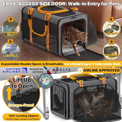 PAWZIDEA Expandable Pet Carrier Airline Approved, 18"×11"×11" Small Dog Carriers, Collapsible Top-Load Cat Carrier for 2 Cats Under Seat, Soft-Sided Puppy & Animal Travel Bag, ID Card, Up to 15lbs - color: Mid-Hemp Gray, size: 18.0"L x 11.0"W x 11.0"H