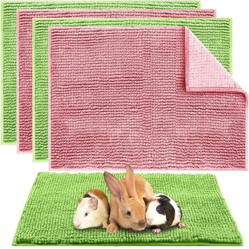 4 Pcs Guinea Pig Cage Liner 16 x 24 Inch Washable Chenille Pee Pads Pet Dog Cat Bedding Training Mat Reusable for Small Animals Puppy Bunny Hamster Chinchilla - color: Green Pink, size: 16 x 24 Inch, style: Low Pile Chenille