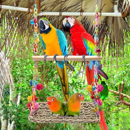 Bird Swing Toys Coolrunner Bird Hammock Bed Hanging Swing Nest Cotton | Weave Hemp Rope Bird Seagrass Swing Toys with Colorful Bells Bird Swing Toys for Parakeets, Budgie, Conure, Cockatiel