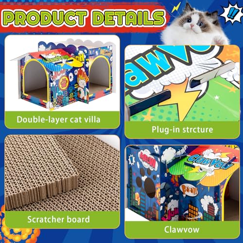 Lineshading 2 Story Cardboard Cat House with Scratcher Pad, Multi Level Durable Cat Scratcher House for Small Kitten Bunny Rabbit Animals Christmas Birthday Gift(17x12x10,Hero) - style: Hero
