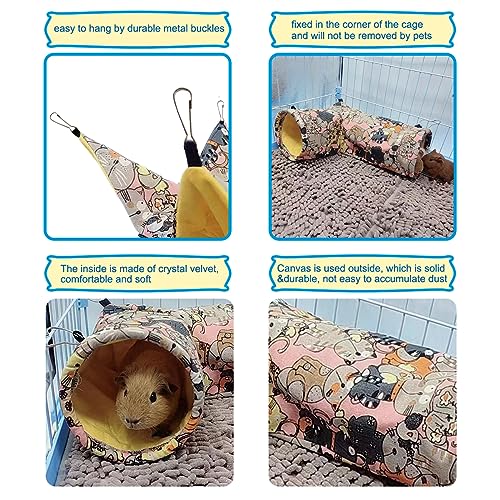 Guinea Pig Rat Tunnel Ferret Hammock, Small Animal Corner Tunnel & Tubes & Bed for Hedgehog Piggy Chinchilla Hideout Toys and Cage Accessories (3.Hammock&Tunnel, Pink cat) - color: 4.Hammock&Tunnel-Pink cat