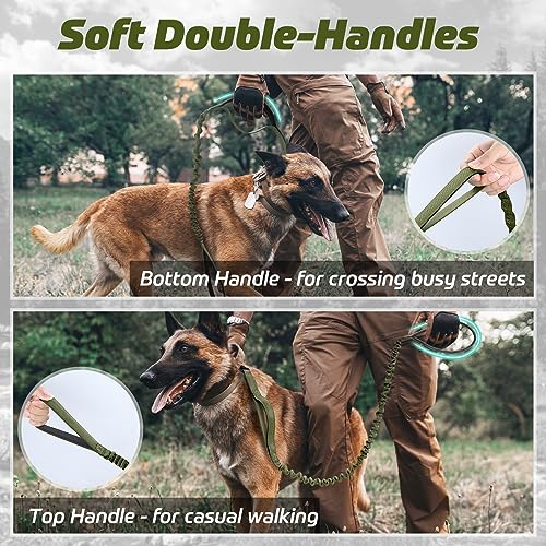 rabbitgoo Tactical Dog Leash, Heavy Duty Training Bungee Lead | Military Leash with 2 Padded Control Handles for Medium Large Dogs, No Pull for Shock Absorption, Reflective, Green, 5.2FT - color: Green, size: Max: 5.2ft