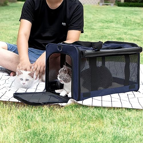 GAPZER Medium Cat Carrier Large Cat 15 lbs+ Soft Pet Car Cage Small Puppy | Privacy Protection Big Kitten Car Travel Cloth Carry Bag up to 20 lbs, Small Animal Portable Mesh Kennel Cage for Vet Visits - color: Navy