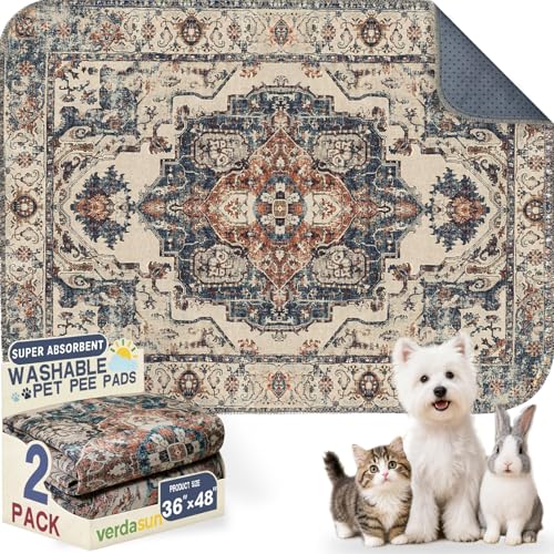 Washable Pee Pads for Dogs, Reusable Puppy Potty Training Pads, Ultra-Absorbent Thick Waterproof Leak-Proof Non-Slip Pads & Mat for Crate, Playpen, Floor, Whelping & Housebreaking , 2 Pack 36"x48" - color: Beige/Blue/Multi, size: 36" ×48"(pack of 2)
