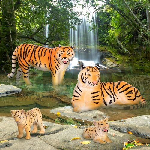 Terra by Battat Tiger Family Animal Figures, 4-Piece Safari Set, Animals | Plastic tiger family with 2 adult tigers and 2 tiger cubs that stand on their own paws for zoo, jungle, and safari, 3+ Years - style: Tiger Family