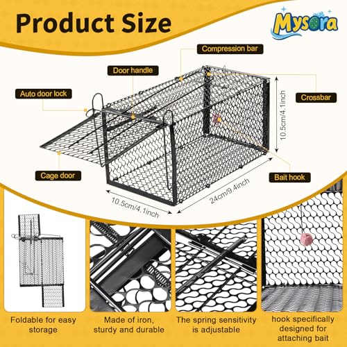 2 Pack Humane Rat Traps, Foldable Cage,9.45 x 4.1 x 4.1 Inches,Black | for Mouse Chipmunks and Squirrels, Reusable Wire Mesh Rodent Traps for Catch & Release, Indoor & Outdoor - size: 9.45 x 4.1 x 4.1 Inches