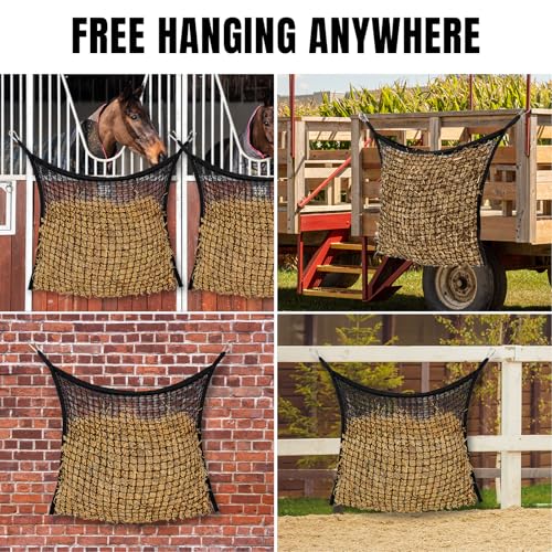 Slow Feed Hay Nets for Horses, Large Capacity Hay Bags, 4 Pack | 35 x 31 in, includes 8 carabiners,Black, heavy duty, hay feeder for horses and goats, easy to hang in stalls and trailers - size: 4PCS
