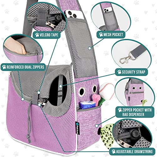 PetAmi Dog Sling Carrier Small Dogs, Hands Free Crossbody Carrier, Purple | Under 10 lbs, Puppy Cat Pet Travel Gift, Breathable Mesh, Padded Strap, Removable Sherpa Bed, Pockets & Poop Bag Dispenser - color: Purple